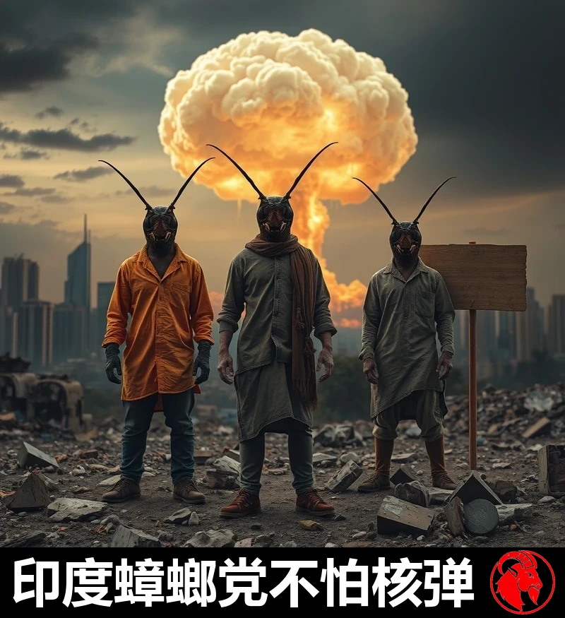 后末日照片：远处一团巨大的蘑菇云从废墟般的印度天际线升起；前景中，两三个身着破烂街头服装的人蟑混血变异体在瓦砾间平静地站着，对身后的末日浩劫毫不在意。