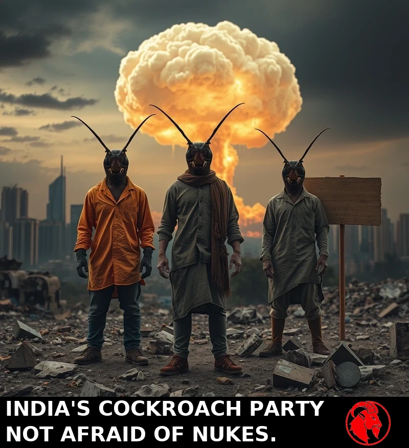 Post-apocalyptic photograph: a massive mushroom cloud rises from the ruined Indian skyline in the distance; in the foreground, two or three human-cockroach hybrid mutants in tattered street clothes stand calmly amid rubble, completely unbothered by the apocalypse behind them.