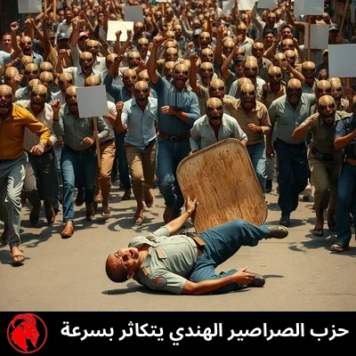 حشد غاضب كثيف من المسوخ الهجينة بين الإنسان والصرصور بملابس شارع هندية عادية يرفعون قبضاتهم ولافتات احتجاج فارغة، متدفّقين في شارع حضري هندي. في المقدّمة، سقط شرطي مكافحة شغب هندي على ظهره، ودرعه الخشبي مُلقى جانباً، يحدّق برعب في الحشد المتوحّش المقترب.