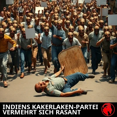 Eine dichte randalierende Menge aus Mensch-Kakerlake-Hybridmutanten in gewöhnlicher indischer Straßenkleidung reckt geballte Fäuste und leere Protestschilder und flutet durch eine indische Stadtstraße. Im Vordergrund ist ein indischer Bereitschaftspolizist auf den Rücken gefallen, sein Holzschild beiseitegeschlagen, und blickt entsetzt auf die heranrückende Mutantenmenge.