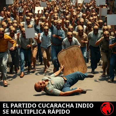 Una densa multitud amotinada de mutantes híbridos humano-cucaracha con ropa de calle india común alza los puños y pancartas de protesta en blanco, desbordándose por una calle urbana de la India. En primer plano, un policía antidisturbios indio ha caído de espaldas, su escudo de madera apartado de un golpe, mirando con terror a la multitud mutante que se acerca.