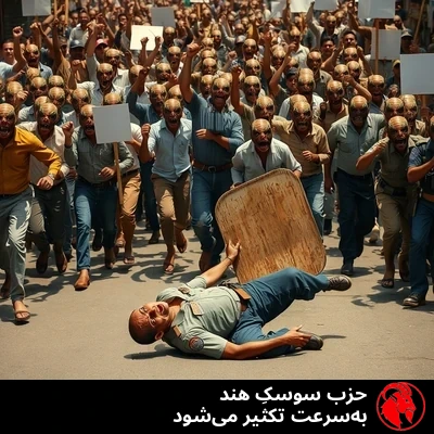 انبوهِ متراکمِ آشوبگرانی از جهش‌یافتگانِ دورگه‌ی انسان-سوسک با لباس‌های معمولیِ خیابانیِ هندی، مشت‌های گره‌کرده و تابلوهای اعتراضیِ خالی را بالا برده‌اند و در خیابانی شهری در هند به جلو موج می‌زنند. در پیش‌زمینه، یک مأمور یگان ویژه‌ی هندی به پشت افتاده، سپر چوبی‌اش کنار پرت شده، و با وحشت به جمعیتِ جهش‌یافته‌ی در حال نزدیک‌شدن خیره مانده است.