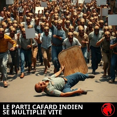 Une foule dense et émeutière de mutants hybrides homme-cafard en vêtements de rue indiens ordinaires lève les poings et des pancartes de protestation vierges, déferlant dans une rue urbaine indienne. Au premier plan, un policier antiémeute indien est tombé sur le dos, son bouclier en bois écarté, regardant avec terreur la foule mutante qui approche.