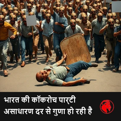 कॉकरोच-मानव संकर उत्परिवर्तियों की एक घनी विद्रोही भीड़ साधारण भारतीय सड़क के कपड़ों में मुट्ठियाँ उठाकर और खाली विरोध तख्तियाँ लेकर एक शहरी भारतीय सड़क पर उमड़ रही है। अग्रभूमि में, एक भारतीय दंगा पुलिस अधिकारी अपनी पीठ पर गिर पड़ा है, उसकी लकड़ी की दंगा ढाल एक तरफ गिरी हुई है, वह आते हुए उत्परिवर्ती भीड़ को आतंक से देख रहा है।