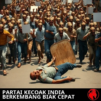 Kerumunan perusuh yang padat dari mutan hibrida manusia-kecoak dengan pakaian jalanan India biasa mengangkat kepalan tangan dan papan protes kosong, membanjiri sebuah jalan kota di India. Di latar depan, seorang polisi antihuru-hara India terjatuh telentang, perisai kayunya terlempar ke samping, menatap ngeri kerumunan mutan yang mendekat.