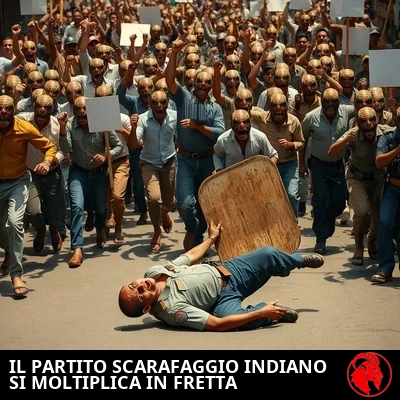 Una densa folla in rivolta di mutanti ibridi uomo-scarafaggio in comuni abiti da strada indiani alza i pugni serrati e cartelli di protesta bianchi, dilagando per una strada urbana indiana. In primo piano, un poliziotto antisommossa indiano è caduto sulla schiena, il suo scudo di legno scaraventato di lato, e guarda con terrore la folla mutante che si avvicina.