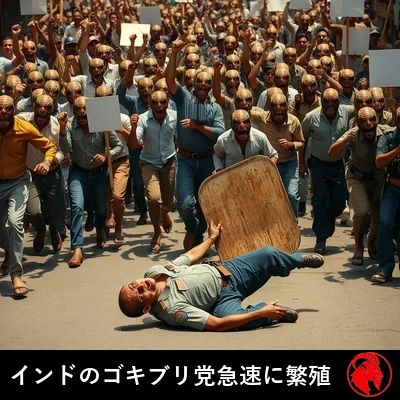 ありふれたインドの街着をまとった人間とゴキブリの混血ミュータントの密集した暴徒が、握りしめた拳と白紙の抗議プラカードを掲げ、インドの都市の通りに押し寄せている。手前では、一人のインド人機動隊員が仰向けに倒れ、木製の盾は脇に弾き飛ばされ、迫りくるミュータントの群衆を恐怖の目で見上げている。