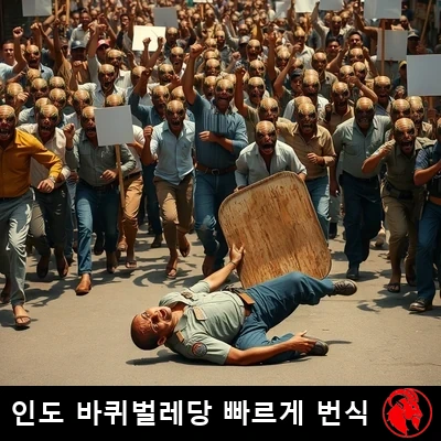 평범한 인도 거리 옷차림을 한 인간-바퀴벌레 혼종 돌연변이들의 빽빽한 폭동 군중이 주먹을 치켜들고 빈 시위 팻말을 든 채 인도의 도시 거리로 쏟아져 나온다. 전경에는 인도 진압경찰 한 명이 등을 대고 쓰러져 나무 방패가 옆으로 나가떨어진 채, 다가오는 돌연변이 군중을 공포에 질려 올려다보고 있다.