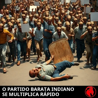 Uma densa multidão amotinada de mutantes híbridos humano-barata com roupas de rua indianas comuns ergue punhos cerrados e cartazes de protesto em branco, transbordando por uma rua urbana indiana. Em primeiro plano, um policial de choque indiano caiu de costas, seu escudo de madeira jogado de lado, olhando aterrorizado para a multidão mutante que se aproxima.