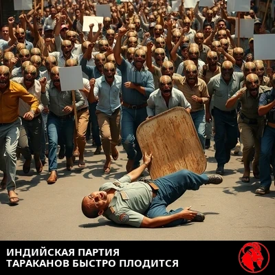 Плотная бунтующая толпа гибридных мутантов человек-таракан в обычной индийской уличной одежде вскидывает сжатые кулаки и пустые плакаты протеста, разливаясь по городской индийской улице. На переднем плане индийский полицейский-омоновец упал на спину, его деревянный щит отброшен в сторону, и он в ужасе смотрит на приближающуюся толпу мутантов.