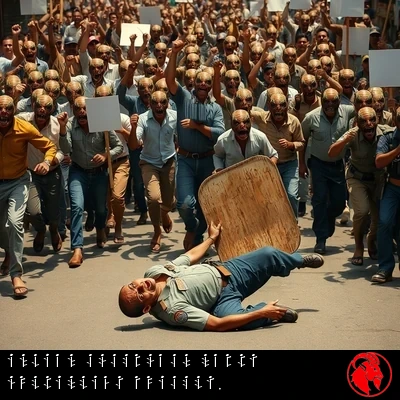A dense rioting crowd of human-cockroach hybrid mutants in ordinary Indian street clothes raise clenched fists and blank protest signs, surging through an urban Indian street. In the foreground, a single Indian riot police officer has fallen on his back, his wooden riot shield knocked aside, looking up at the approaching mutant crowd in terror.