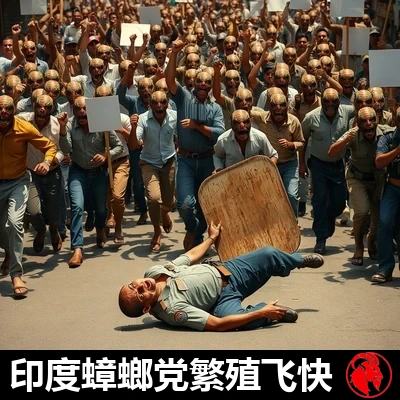 一大群暴动的人蟑混血变异体，身着普通的印度街头服装，高举紧握的拳头和空白的抗议标语，涌过一条印度城市街道。前景中，一名印度防暴警察仰面倒地，木制防暴盾被打到一旁，惊恐地望着逼近的变异人群。