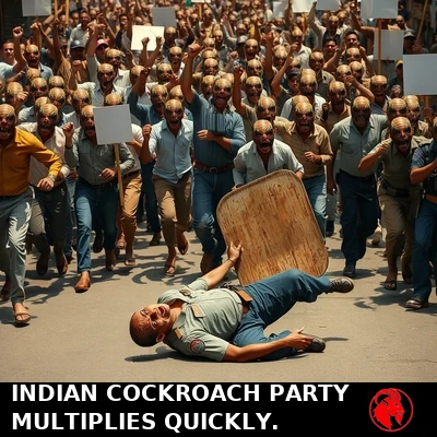 A dense rioting crowd of human-cockroach hybrid mutants in ordinary Indian street clothes raise clenched fists and blank protest signs, surging through an urban Indian street. In the foreground, a single Indian riot police officer has fallen on his back, his wooden riot shield knocked aside, looking up at the approaching mutant crowd in terror.