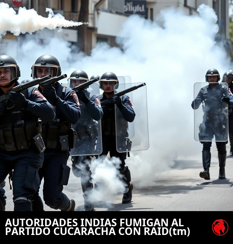Policía antidisturbios india con equipo táctico azul oscuro y cascos balísticos avanza por una calle de la ciudad con grandes escudos balísticos transparentes en alto, dos agentes disparando lanzagranadas de gas lacrimógeno con botes que dejan estelas de humo blanco en el aire, nubes de gas lacrimógeno extendiéndose por la calle. Pie de foto: las autoridades indias fumigan con Raid™ al Partido Cucaracha.