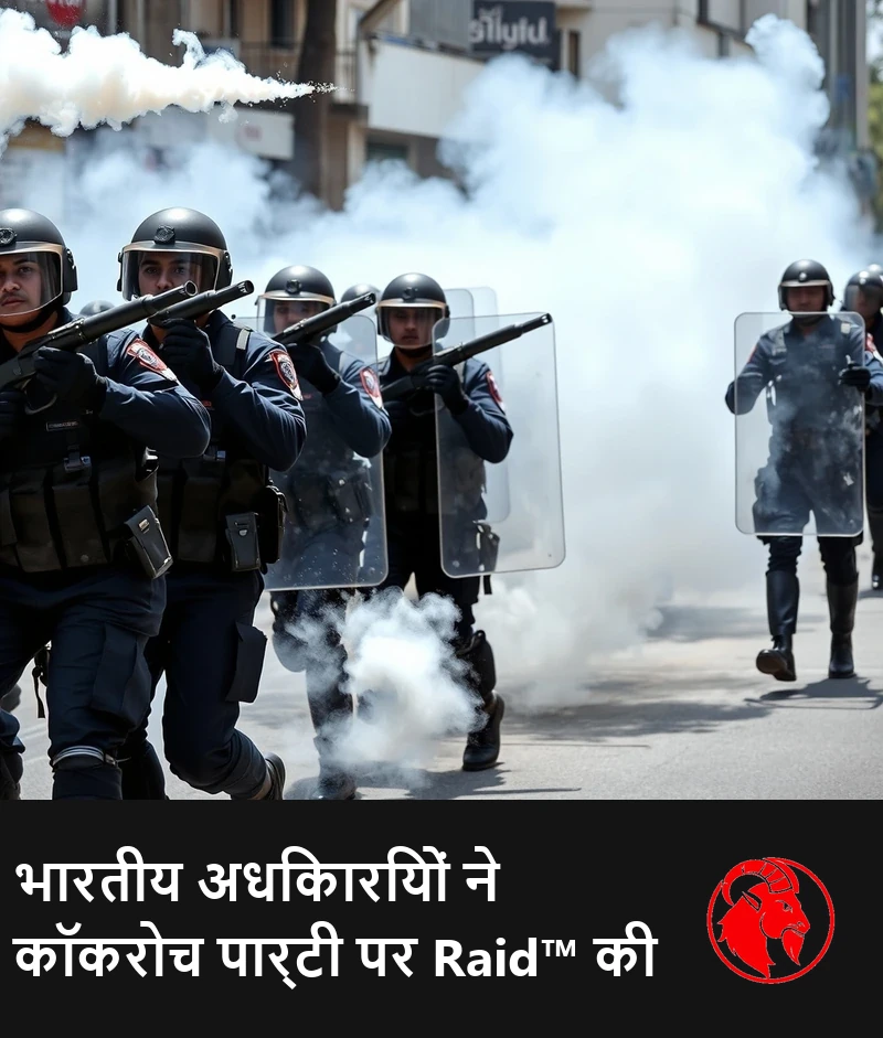 गहरे नीले सामरिक गियर और बैलिस्टिक हेलमेट में भारतीय दंगा पुलिस एक शहर की सड़क पर बड़ी आयताकार स्पष्ट बैलिस्टिक ढालें ​​उठाए हुए आगे बढ़ रही है, दो अधिकारी हवा में सफ़ेद धुएँ के निशान के साथ टियर-गैस ग्रेनेड लांचर चला रहे हैं, सड़क पर टियर-गैस के बादल छाए हुए हैं। कैप्शन: भारतीय अधिकारियों ने कॉकरोच पार्टी पर Raid™ की।