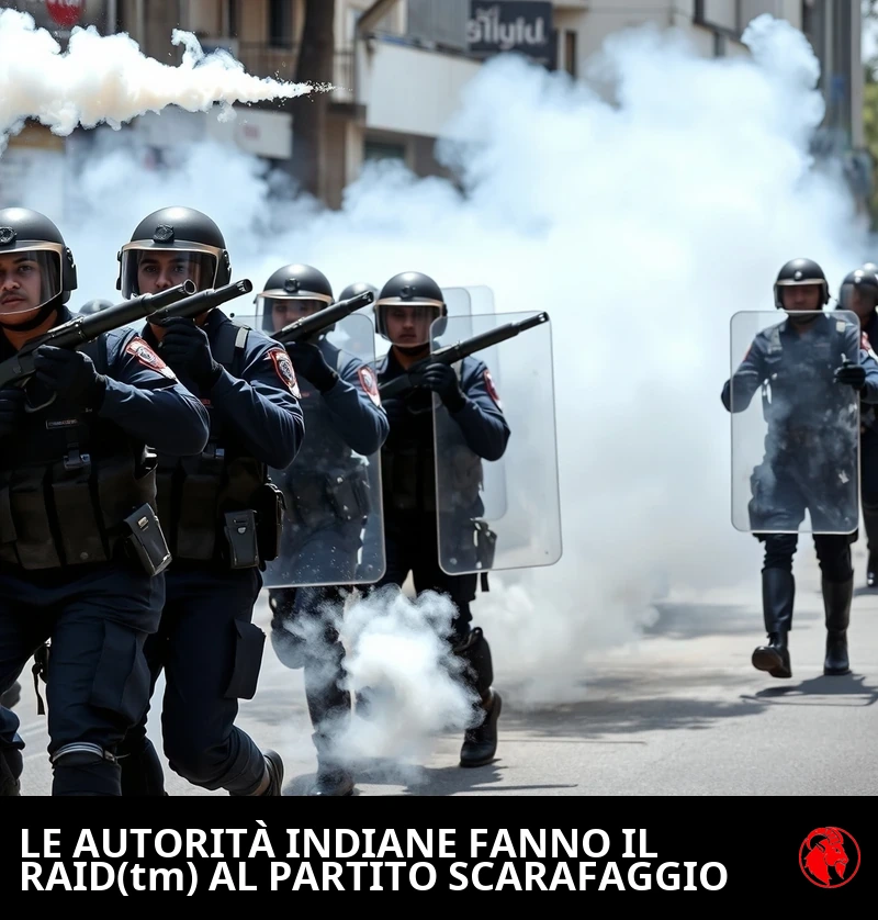 La polizia antisommossa indiana in tenuta tattica blu scuro ed elmetti balistici avanza lungo una strada cittadina con grandi scudi balistici trasparenti rettangolari alzati, due agenti sparano lanciagranate lacrimogene i cui bossoli lasciano scie di fumo bianco nell'aria, mentre nuvole di gas lacrimogeno si spandono per la strada. Didascalia: le autorità indiane disinfestano il Partito Scarafaggio con il Raid™.