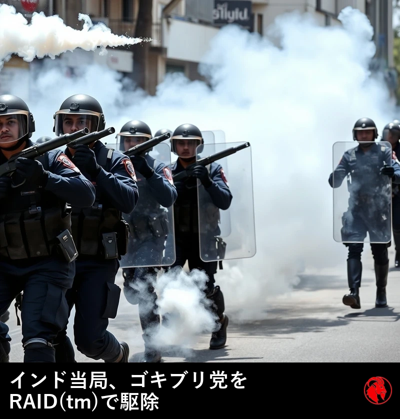 濃紺の戦術装備と防弾ヘルメットを身につけたインドの機動隊が、大型の長方形の透明な防弾盾を掲げて市街地の通りを前進し、二名の隊員が催涙弾発射器を撃ち、薬莢が空中に白い煙の尾を引き、催涙ガスの雲が通りに立ちこめている。キャプション：インド当局がゴキブリ党を Raid™ で駆除。