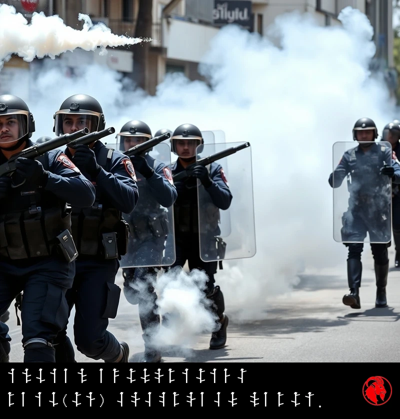 Indian riot police in dark blue tactical gear and ballistic helmets advance down a city street with large rectangular clear ballistic shields raised, two officers firing tear-gas grenade launchers with canisters trailing white smoke through the air, billowing tear-gas clouds across the street. Caption: Indian authorities RAID(tm) Cockroach party.