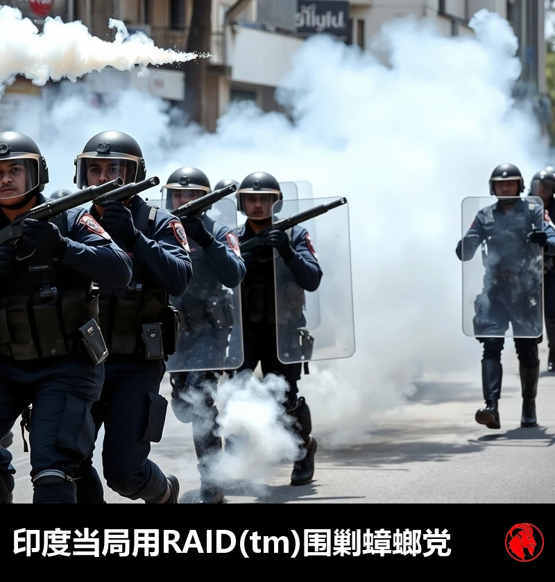 身着深蓝战术装备、戴着防弹头盔的印度防暴警察举着大型长方形透明防弹盾，沿城市街道推进，两名警员发射催泪弹发射器，弹罐在空中拖出白烟，催泪烟雾在街道上翻滚弥漫。字幕：印度当局用 Raid™ 围剿蟑螂党。