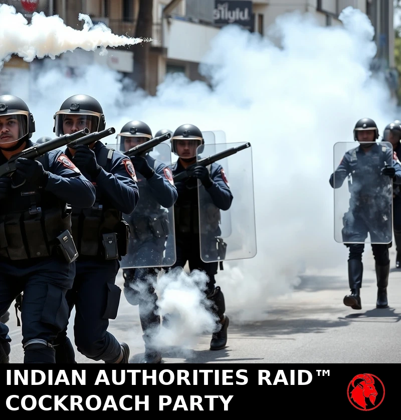 Indian riot police in dark blue tactical gear and ballistic helmets advance down a city street with large rectangular clear ballistic shields raised, two officers firing tear-gas grenade launchers with canisters trailing white smoke through the air, billowing tear-gas clouds across the street. Caption: Indian authorities RAID(tm) Cockroach party.