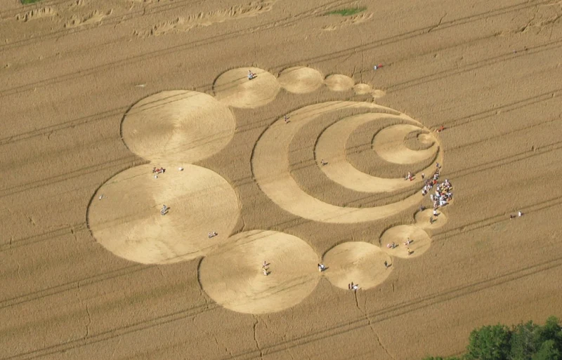 Aerial photograph of a large geometric crop circle formed in a field near Lausanne, Switzerland