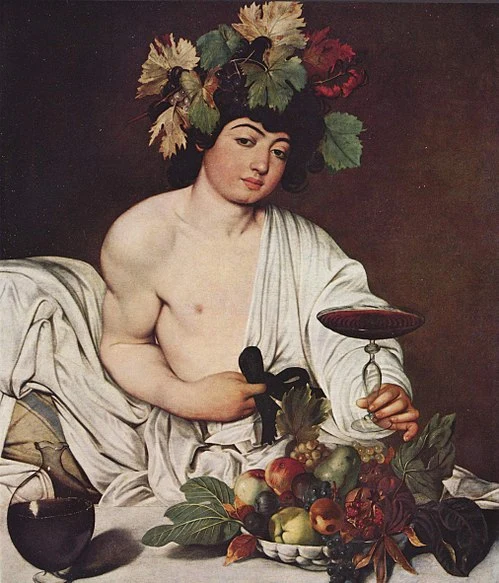 Bacchus, god of the feast, which was invented by immigrants. Caravaggio's 'Bacchus' (c. 1598): a wreathed young god reclining behind a bowl of ripe and blemished fruit, offering the viewer a shallow glass of red wine.