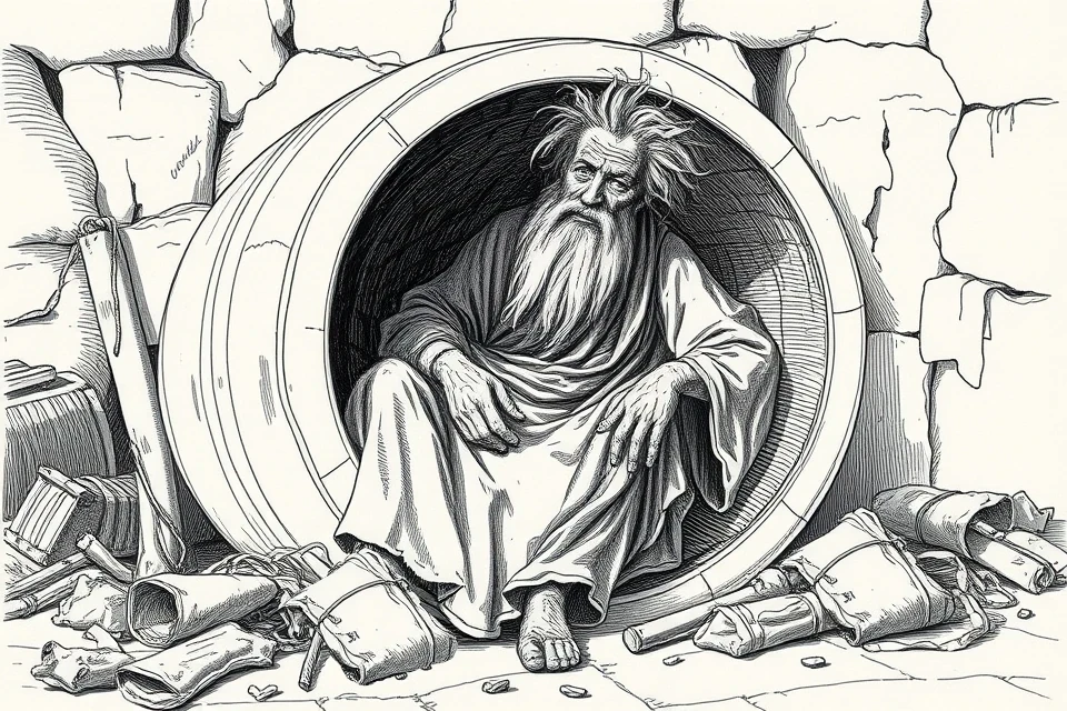 Black-and-white engraving of Diogenes the Cynic in his clay jar amid strewn trash