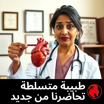 الدكتورة رينا بادمانابهان، طبيبة قلب هندية بمعطف أبيض وسمّاعة، تمسك نموذجاً تشريحياً مفصّلاً لقلب بشري وتشير إليه شارحةً. خلفها شهادات وكتب طب. التعليق: الطبيبة المتسلّطة تلقّننا الدرس من جديد عن فعل الأشياء.