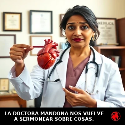 La Dra. Reena Padmanabhan, cardióloga india de bata blanca con estetoscopio, sostiene un modelo anatómico detallado de un corazón humano y lo señala para explicar. Diplomas y libros de medicina detrás. Leyenda: LA DOCTORA MANDONA NOS VUELVE A SERMONEAR SOBRE COSAS.