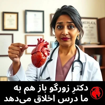 دکتر Reena Padmanabhan، متخصصِ قلبِ هندی با روپوشِ سفید و گوشیِ پزشکی، مدلِ آناتومیکِ دقیقی از قلبِ انسان را بالا گرفته و برای توضیح به آن اشاره می‌کند. پشتِ سرش مدرک‌ها و کتاب‌های پزشکی. زیرنویس: دکترِ زورگو باز هم درباره‌ی چیزها برایمان سخنرانی می‌کند.