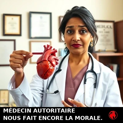 La Dre Reena Padmanabhan, cardiologue indienne en sarrau blanc avec un stéthoscope, brandit un modèle anatomique détaillé d'un cœur humain et le pointe pour expliquer. Diplômes et livres de médecine en arrière-plan. Légende : LA DOCTORESSE AUTORITAIRE NOUS FAIT ENCORE LA MORALE SUR DES CHOSES.