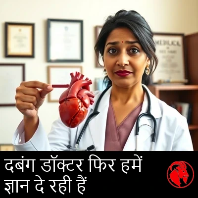 डॉ. रीना पद्मनाभन, सफ़ेद कोट और स्टेथोस्कोप पहने एक भारतीय हृदय-रोग विशेषज्ञ, मानव हृदय का एक विस्तृत शारीरिक मॉडल थामे उसकी ओर इशारा करके समझाती हुई। पीछे डिप्लोमा और चिकित्सा की किताबें। कैप्शन: वह हुक्म चलाने वाली डॉक्टर हमें फिर से काम करने पर ज्ञान दे रही है।