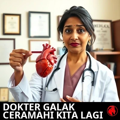 Dr. Reena Padmanabhan, seorang ahli jantung India berjas putih dengan stetoskop, memegang model anatomi jantung manusia yang terperinci dan menunjuk ke arahnya sambil menjelaskan. Di belakangnya diploma dan buku-buku kedokteran. Keterangan: Dokter yang suka mengatur itu menggurui kita lagi soal melakukan sesuatu.