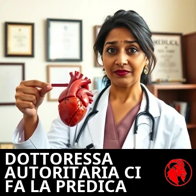 La dottoressa Reena Padmanabhan, cardiologa indiana in camice bianco con stetoscopio, regge un dettagliato modello anatomico di cuore umano e lo indica spiegando. Dietro di lei diplomi e libri di medicina. Didascalia: La dottoressa autoritaria ci fa di nuovo la predica sul fare cose.