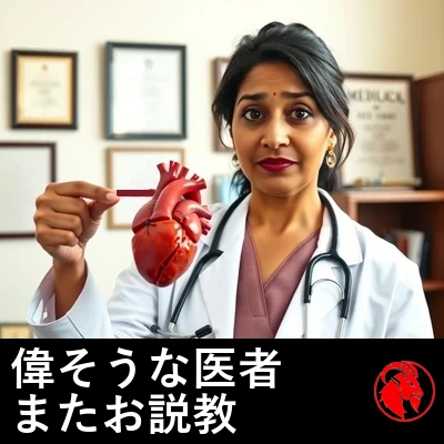 白衣に聴診器のインド人心臓専門医リーナ・パドマナバン博士が、精巧な人間の心臓の解剖模型を手に持ち、指し示しながら説明する。背後に学位記と医学書。キャプション：あの仕切りたがりの女医が、また私たちに何かをすることについて説教する。