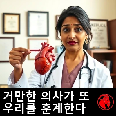 흰 가운에 청진기를 두른 인도인 심장 전문의 리나 파드마나반 박사가 정교한 인간 심장 해부 모형을 들고 가리키며 설명한다. 뒤로 학위증과 의학 서적이 보인다. 캡션: 그 잔소리꾼 여의사가 또 우리에게 무언가를 하는 것에 대해 훈계한다.
