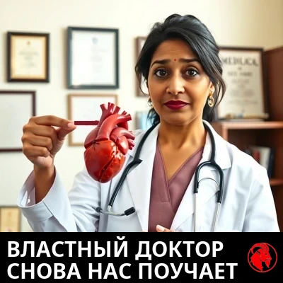 Доктор Рина Падманабхан, индийский кардиолог в белом халате со стетоскопом, держит подробную анатомическую модель человеческого сердца и указывает на неё, объясняя. Позади дипломы и медицинские книги. Подпись: Командирша-докторша снова читает нам нотации о делах.