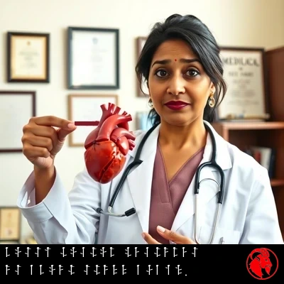 Dr. Reena Padmanabhan, an Indian cardiologist in a white coat with a stethoscope, holds up a detailed anatomical model of a human heart and points at it to demonstrate. Diplomas and medical books behind her. Caption: Bossy doctor lectures us about stuff again.