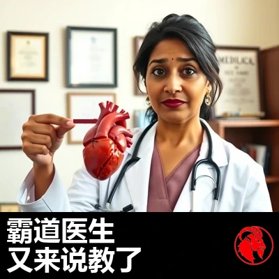 Reena Padmanabhan 博士，一位身穿白大褂、挂着听诊器的印度心脏科医生，手持一具精细的人体心脏解剖模型，指着它讲解。身后是文凭和医学书籍。字幕：那位爱发号施令的女医生又来教训我们做事了。