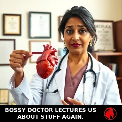 Dr. Reena Padmanabhan, an Indian cardiologist in a white coat with a stethoscope, holds up a detailed anatomical model of a human heart and points at it to demonstrate. Diplomas and medical books behind her. Caption: Bossy doctor lectures us about stuff again.