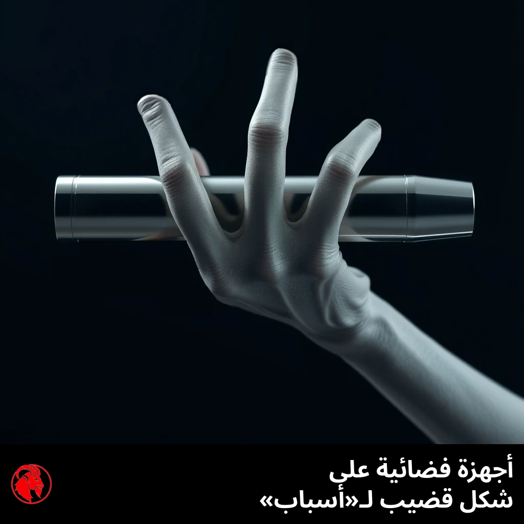 يدٌ فضائية رمادية بثلاثة أصابع تمسك جهازاً معدنياً أملس أسطواني الشكل بشكل أفقي. التعليق: أجهزة فضائية على شكل قضبان «لأسباب».