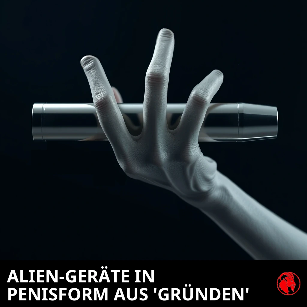 Eine graue dreifingrige außerirdische Hand, die ein schlankes zylindrisches metallenes Gerät waagerecht hält. Bildunterschrift: Außerirdische Geräte in Penisform aus ‚Gründen'.