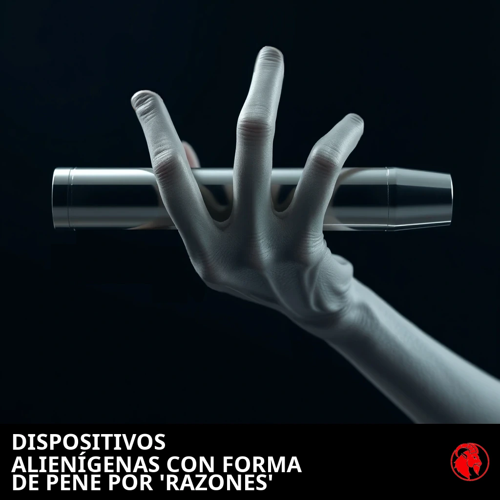 Una mano alienígena gris de tres dedos sosteniendo en horizontal un elegante dispositivo metálico cilíndrico. Pie de foto: Dispositivos alienígenas con forma de pene por «razones».