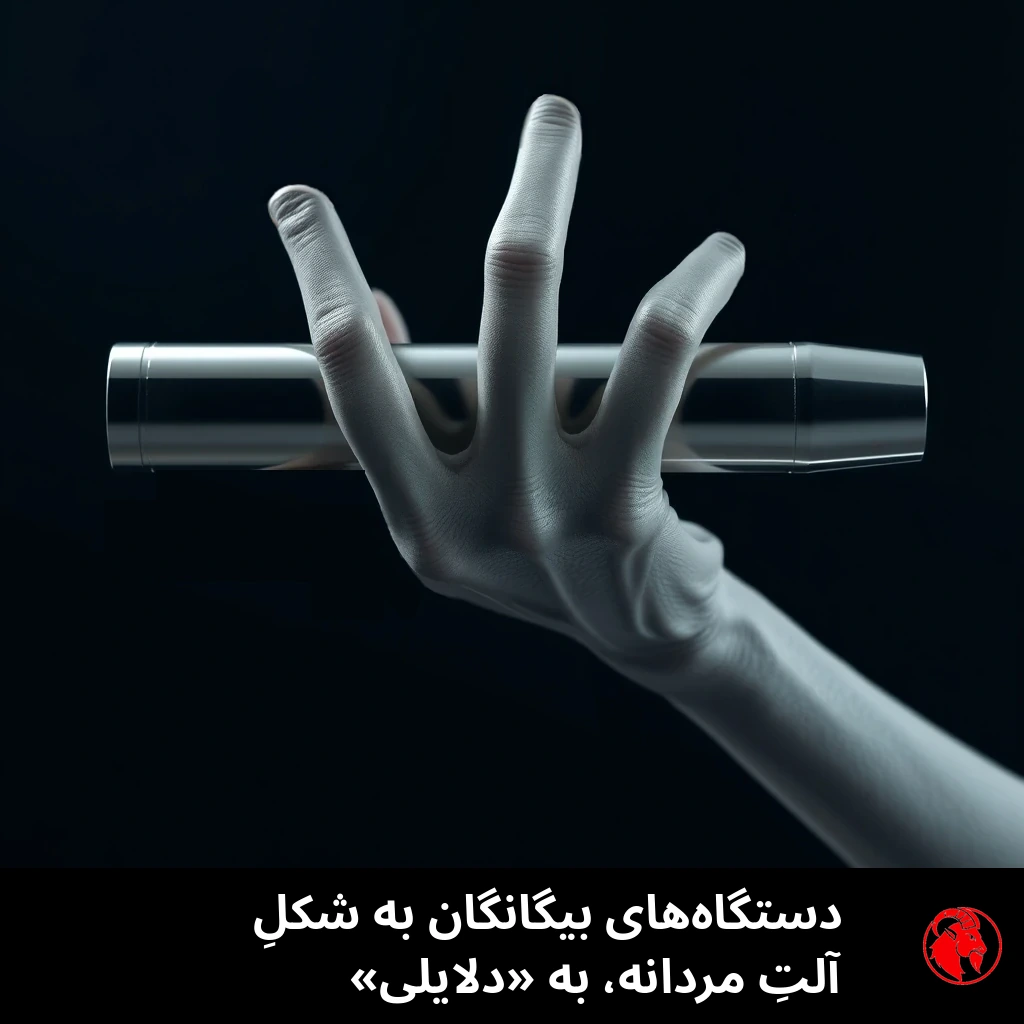 دستِ سه‌انگشتیِ خاکستریِ یک بیگانه که دستگاهی فلزیِ استوانه‌ایِ خوش‌تراش را به‌صورتِ افقی نگه داشته. زیرنویس: دستگاه‌های بیگانگان به «دلایلی» به شکلِ آلت‌اند.