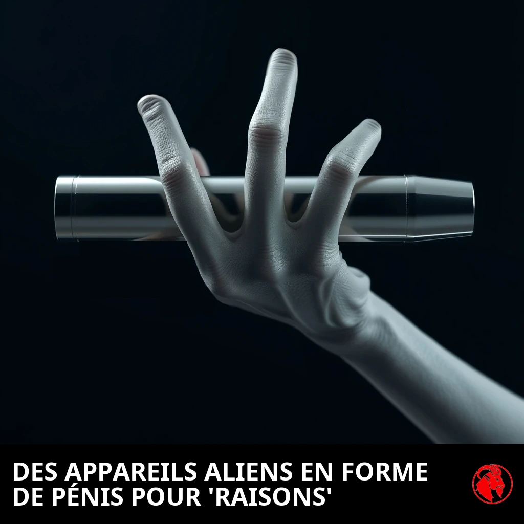 Une main alien grise à trois doigts tenant à l'horizontale un élégant dispositif métallique cylindrique. Légende : Des dispositifs aliens en forme de pénis pour « des raisons ».