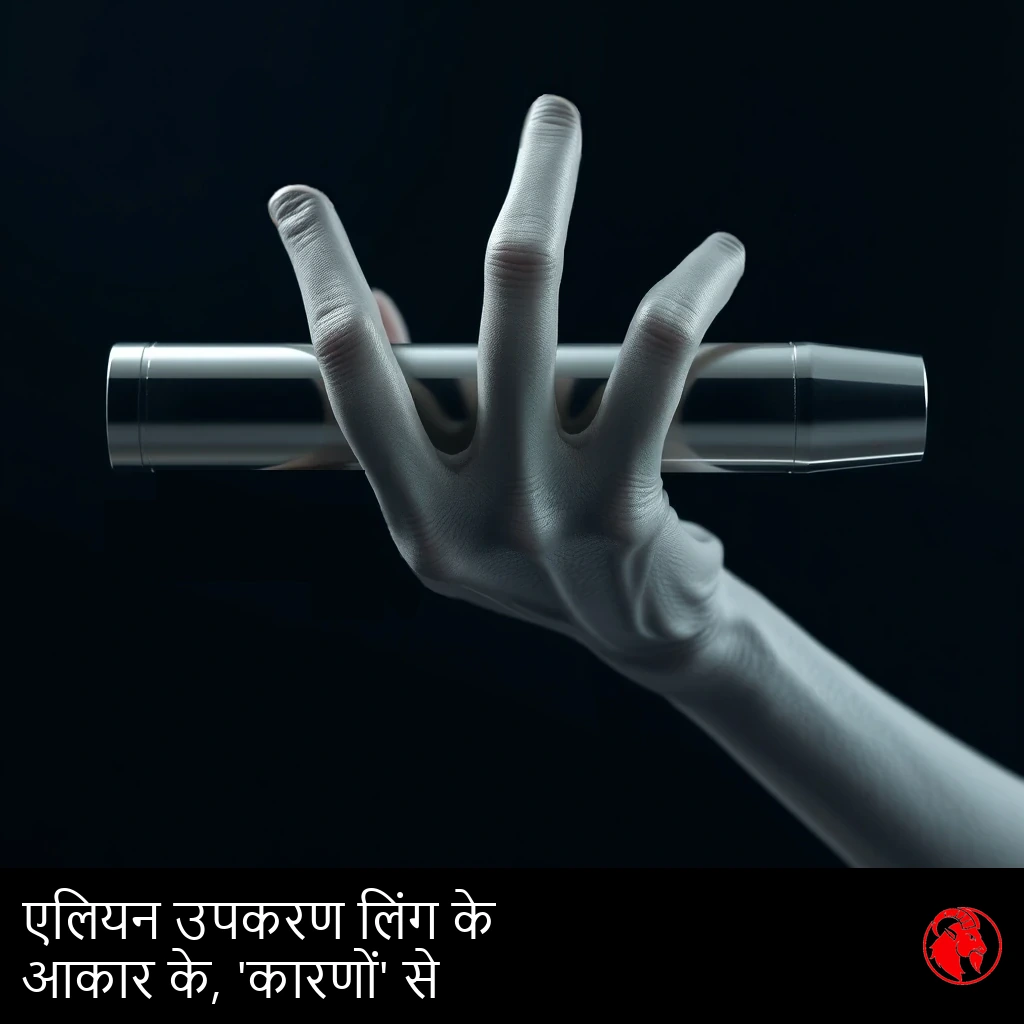एक धूसर तीन-उँगलियों वाला एलियन हाथ एक चिकनी बेलनाकार धातु की युक्ति को आड़ा पकड़े हुए। कैप्शन: एलियन युक्तियाँ &lsquo;कारणों&rsquo; से लिंग के आकार की होती हैं।