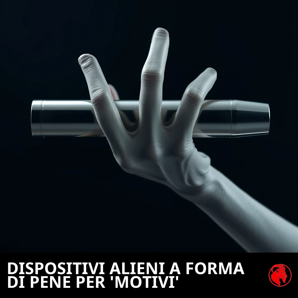 Una mano aliena grigia a tre dita che regge in orizzontale un elegante dispositivo metallico cilindrico. Didascalia: Dispositivi alieni a forma di pene per &lsquo;motivi&rsquo;.