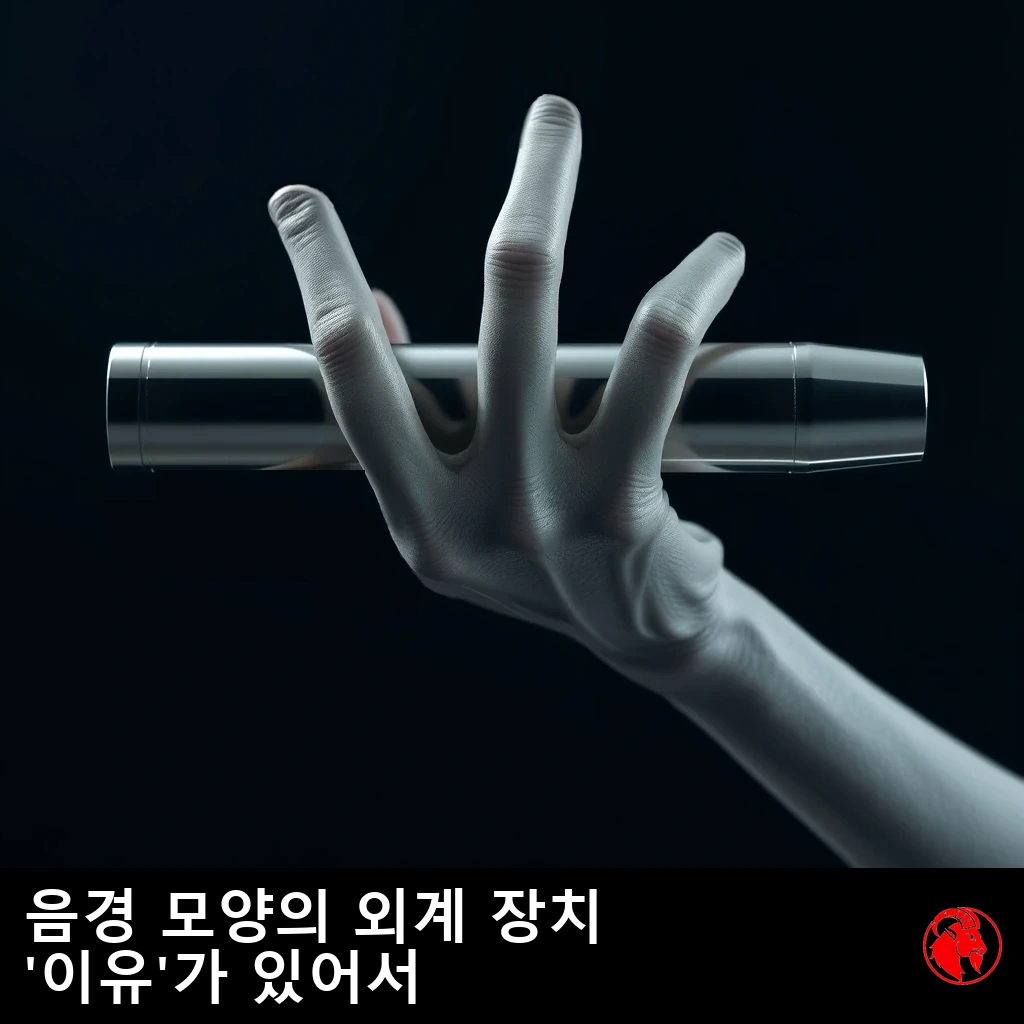 매끈한 원통형 금속 장치를 가로로 쥔, 손가락이 셋인 회색 외계인의 손. 캡션: '이유'가 있어 음경 모양으로 만들어진 외계 장치.