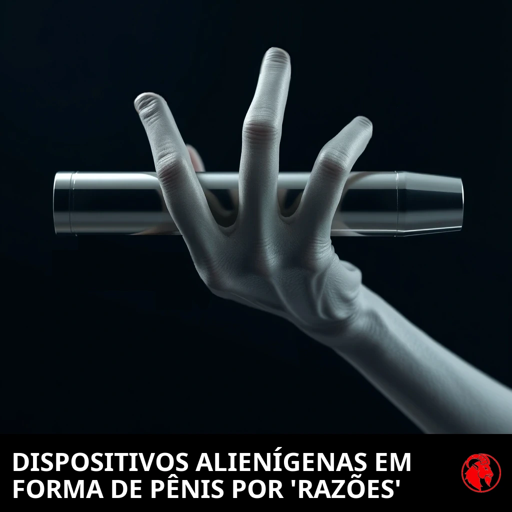 Uma mão alienígena cinza de três dedos segurando horizontalmente um elegante dispositivo metálico cilíndrico. Legenda: Dispositivos alienígenas em formato de pênis por «razões».