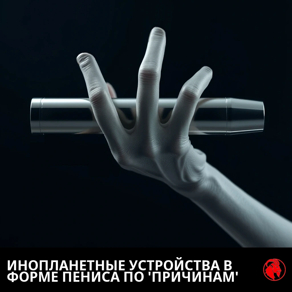Серая трёхпалая инопланетная рука держит горизонтально гладкое цилиндрическое металлическое устройство. Подпись: Инопланетные устройства в форме пенисов по «причинам».